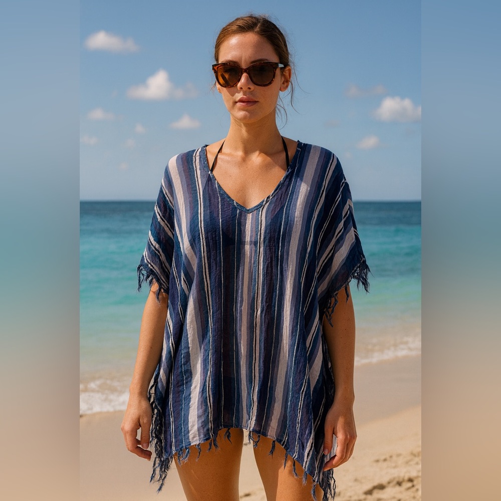 NWT Lagaci Navy and White Striped Fringe Tunic/Poncho